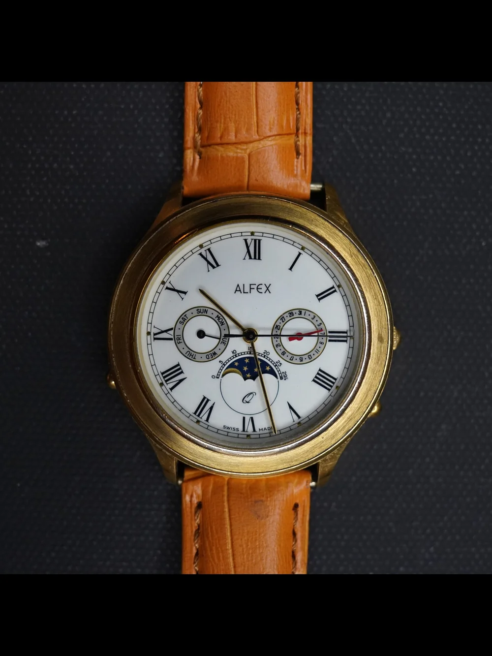 Alfex 4541 Swiss Made Moonphase Triple Calendar White Dial Gold Tone Men's Watch